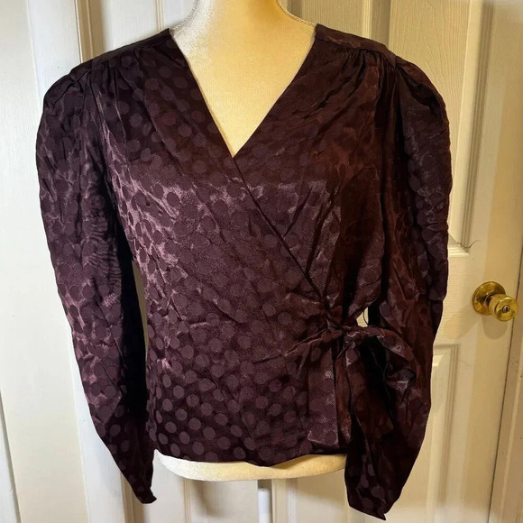Happy X Nature Kate Hudson Deep Maroon Polka Dot Puff Sleeve Wrap Blouse - Picture 1 of 7
